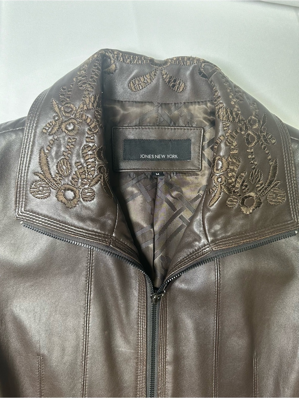 Jones New York Brown Leather Jacket with Embroidered Collar and Sleeves Size M - Picture 3 of 11